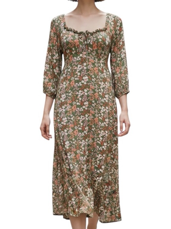 Billabong Olive & Rust Floral Midi Dress Plunge Neck Size Xsmall